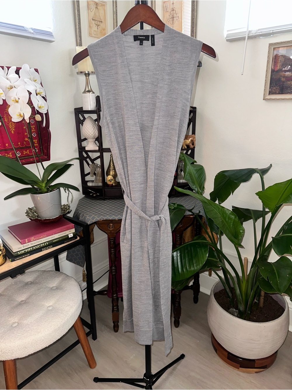 Theory 100 Percent Mariano Wool Light Gray Long Vest with Tie Waist